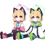  2girls absurdres animal_ear_headphones animal_ears black_skirt black_thighhighs blonde_hair blue_archive blue_necktie blush bow cat_ear_headphones cat_tail fake_animal_ears hair_bow halo headphones highres hood hooded_jacket imitating jacket looking_ahead looking_at_another midori_(blue_archive) momoi_(blue_archive) multiple_girls necktie o2h2_oh4 outstretched_legs shirt siblings sidelocks simple_background sisters sitting skirt sleeves_past_fingers sleeves_past_wrists smile tail thighhighs twins white_background white_shirt 