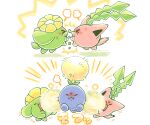  &gt;_&lt; anger_vein blush closed_eyes dated evolutionary_line fighting full_body hoppip jumpluff no_humans open_mouth pokemon pokemon_(creature) puffy_cheeks punching shuri_(syurigame) signature skiploom translation_request 