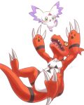  claws culumon digimon digimon_(creature) digital_hazard guilmon happy highres no_humans open_mouth sharp_teeth signature simple_background smile tail teeth user_wrke7287 white_background zero_unit 