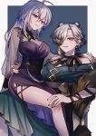  2girls ahoge blue_eyes breasts cleavage double_bun earrings grey_hair hair_bun hair_over_one_eye hand_on_another&#039;s_shoulder hand_on_another&#039;s_waist highres jewelry kunai_nakasato large_breasts long_hair looking_at_viewer miaochan_zzz mole mole_under_mouth multicolored_hair multiple_girls nijisanji nijisanji_en short_hair sitting sitting_on_lap sitting_on_person smile streaked_hair tattoo victoria_brightshield virtual_youtuber 