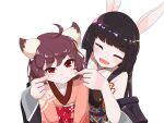  2girls ahoge animal_ears bismuthoekaki black_hair black_kimono blush brown_hair cat_ears cat_girl cheek_pinching cheek_pull closed_eyes closed_mouth commentary_request frown hime_cut ichihime japanese_clothes kaguyahime_(mahjong_soul) kimono long_hair looking_at_viewer mahjong_soul medium_bangs multiple_girls obi open_mouth pinching pink_kimono rabbit_ears rabbit_girl red_eyes red_sash sash short_hair simple_background smile upper_body v-shaped_eyebrows white_background 
