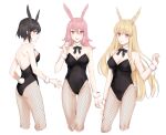  3girls absurdres alternate_costume bare_shoulders black_hair black_leotard black_ribbon blonde_hair breasts cleavage commentary_request detached_collar fate/grand_order fate_(series) fishnet_pantyhose fishnets head_wings highres hildr_(fate) leotard long_hair looking_at_viewer medium_breasts medium_hair multiple_girls nanao_parakeet neck_ribbon ortlinde_(fate) pantyhose pink_hair playboy_bunny red_eyes ribbon short_hair siblings simple_background sisters smile strapless strapless_leotard thrud_(fate) valkyrie_(fate) white_background wings wrist_cuffs 