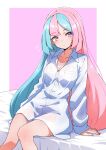  1girl alternate_hairstyle aqua_hair bed breasts cleavage closed_mouth collarbone collared_shirt flying_sweatdrops highres iono_(pokemon) kamidan long_hair long_sleeves multicolored_hair on_bed pink_eyes pink_hair pokemon pokemon_sv see-through see-through_shirt shirt sitting solo two-tone_hair very_long_hair white_shirt 