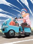  1girl aqua_gloves artist_name beanie black_pantyhose blue_eyes blue_shorts blue_sky cloud cloudy_sky coat commentary dated day gloves grey_footwear hat highres kagamihara_nadeshiko long_hair long_sleeves looking_at_viewer motor_vehicle motorcycle multicolored_hat on_motorcycle open_clothes open_coat open_mouth orange_scarf outdoors pantyhose pantyhose_under_shorts pink_coat pink_hair retsumaru riding road scarf shoes short_shorts shorts signature sitting sky smile solo yurucamp 