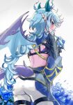  1girl armor ass blue_hair centur-ion_atry dragon_girl dragon_horns dragon_tail dragon_wings duel_monster hands_on_own_hips highres horns long_hair messy_hair noppe pants pointy_ears purple_eyes shoulder_armor solo tail white_pants wings yu-gi-oh! 