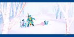  1girl 2boys ainu asirpa bare_tree blue_border border cloak coat commentary dctroo_08 falling golden_kamuy gun gun_on_back headband highres holding letterboxed long_hair looking_at_another multiple_boys painting_(medium) shiraishi_yoshitake short_hair sidelocks signature snow snowing sugimoto_saichi symbol-only_commentary traditional_media tree watercolor_(medium) weapon weapon_on_back 