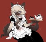  1girl animal_ear_fluff animal_ears apron back_bow black_dress blonde_hair blood blood_on_clothes blood_on_face body_fur bow brown_fur brown_hair carcass cat cat_ears cat_girl cat_tail commentary_request creature cup dead_animal dress fangs furry furry_female gradient_hair hair_over_shoulder highres holding holding_tray invisible_chair long_hair looking_at_viewer maid maid_headdress messy_hair mouse_(animal) mouth_hold multicolored_hair original puffy_short_sleeves puffy_sleeves purple_eyes rata_(norahasu) red_background short_sleeves siamese_cat simple_background sitting slit_pupils stitched_arm stitched_face stitches tail teacup teapot tiara_(norahasu) tray whiskers white_apron 