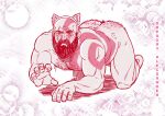  1boy all_fours ass bara beard bishie_sparkle crawling facial_hair full_beard full_body god_of_war golden_kamuy gsenpai18 hairy highres kratos_(god_of_war) male_focus manly mature_male monochrome muscular muscular_male nipples parody pectorals pink_theme pose_imitation solo sparse_chest_hair thick_ass_hair thick_beard thick_eyebrows thighs tsurime 
