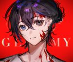  1boy ajiro_shinpei black_hair blood blood_on_clothes blood_on_face blood_on_neck blue_eyes chinese_commentary commentary crossed_bangs grey_eyes grey_shirt heterochromia highres looking_at_viewer male_focus parted_lips portrait red_background shirt short_hair simple_background solo summertime_render t-shirt wuhu_(wuhu009299) 