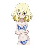  1girl blonde_hair blue_bra blue_eyes blue_panties blush bra breasts cleavage_cutout closed_mouth clothing_cutout commission cowboy_shot crossed_arms embroidered_bra embroidered_panties frown girls_und_panzer kayabakoro looking_at_viewer medium_breasts medium_hair messy_hair navel oshida_(girls_und_panzer) pale_skin panties pixiv_commission simple_background solo standing underwear underwear_only white_background 