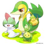  artist_name budew grass green_hair hair_over_eyes highres holding_hands no_humans open_mouth pokemon pokemon_(creature) ralts red_eyes rorosuke sewaddle sleeping smile snivy twitter_username walking 