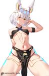  1girl alternate_costume animal_ears bare_shoulders blush breasts cat_ears chest_jewel criss-cross_halter facial_mark grey_hair halterneck highres jewelry looking_at_viewer meme_attire navel nia_(xenoblade) pelvic_curtain short_hair simple_background skindentation small_breasts smile smug solo stomach thighs underboob xenoblade_chronicles_(series) xenoblade_chronicles_3 xenoblade_chronicles_3:_future_redeemed yellow_eyes yomorio_lingerie z-ki 