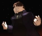  absurdres black_robe brown_hair cleft_chin closed_mouth cosplay cross cross_necklace family_guy highres jewelry kotomine_kirei kotomine_kirei_(cosplay) kowai_(iamkowai) male_focus necklace peter_griffin robe short_hair 