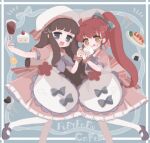  2girls :d apron blue_background blue_eyes brown_eyes brown_hair cake cake_slice collared_dress cup dress drinking_glass food food_on_face foot_out_of_frame fork frilled_apron frills full_body hat highres holding holding_cup holding_food kira_(kiratwins) kurosu_aroma long_hair looking_at_viewer multiple_girls omelet omurice onigiri open_mouth pantyhose pink_dress ponytail pretty_series pripara puffy_short_sleeves puffy_sleeves red_hair shiratama_mikan shoes short_sleeves smile spoon standing standing_on_one_leg tongue tongue_out white_apron white_hat white_pantyhose wine_glass 