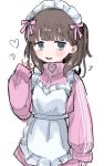  1girl alternate_costume apron bags_under_eyes blush brown_hair hair_ribbon heart highres idolmaster idolmaster_cinderella_girls jacket jersey_maid long_sleeves looking_at_viewer maid maid_apron maid_headdress mugicha_(mugicha5060) pink_jacket ribbon sakuma_mayu simple_background sketch solo track_jacket unconventional_maid white_apron white_background 