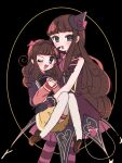  2girls ;d black_background blue_eyes book brown_hair carrying carrying_person cowboy_shot demon_tail dress dual_persona hat holding holding_book idol_clothes kira_(kiratwins) kurosu_aroma long_hair looking_at_viewer mini_hat mini_witch_hat multiple_girls one_eye_closed open_mouth paprika_private_academy_school_uniform pretty_series pripara purple_dress school_uniform sleeveless sleeveless_dress smile standing tail witch_hat 