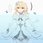  ... 1girl bare_shoulders blonde_hair breasts dress flower gameplay_mechanics genshin_impact hair_between_eyes hair_flower hair_ornament highres looking_at_viewer lumine_(genshin_impact) partially_submerged q_(oshikuraq) short_hair short_hair_with_long_locks sidelocks solo spoken_ellipsis white_dress white_flower yellow_eyes 