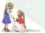  2girls aerith_gainsborough age_progression aged_down bangle blue_dress boots bracelet braid braided_ponytail brown_footwear brown_hair child collared_shirt cropped_jacket crying dress final_fantasy final_fantasy_vii final_fantasy_vii_rebirth final_fantasy_vii_remake frilled_socks frills full_body green_shirt hair_ribbon hand_on_own_face holding_hands jacket jewelry long_dress long_hair looking_at_another moke_mokke multiple_girls parted_bangs pink_dress pink_ribbon ponytail puffy_short_sleeves puffy_sleeves red_jacket ribbon shirt shirt_under_dress short_sleeves sidelocks single_braid socks squatting tears white_socks yellow_ribbon 