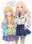  2girls absurdres arrow_(symbol) black_necktie blonde_hair blue_overskirt blue_skirt blush braid commentary_request cropped_jacket fujita_kotone gakuen_idolmaster hair_ribbon hand_on_own_hip hatsuboshi_gakuen_school_uniform highres idolmaster interlocked_fingers jacket juo_sena long_hair looking_at_another multicolored_clothes multicolored_jacket multiple_girls mya_(ma0ma0ma) necktie open_clothes open_jacket own_hands_together parted_bangs plaid plaid_skirt pleated_skirt ribbon school_uniform shirt sideways_glance simple_background skirt smile translation_request twin_braids very_long_hair white_background white_jacket yellow_shirt 