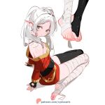  1girl bandaged_leg bandages bare_shoulders belt black_belt black_gloves black_thighhighs cosplay dress feet fingerless_gloves foot_focus frieren from_side gloves green_eyes grey_hair kono_subarashii_sekai_ni_shukufuku_wo! long_hair looking_at_viewer looking_to_the_side megumin megumin_(cosplay) off_shoulder parted_bangs pointy_ears red_dress single_thighhigh sousou_no_frieren sydus thighhighs toes 