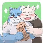  1:1 2024 anthro bear biped blue_body blush canid canine canis clothing cute_fangs domestic_dog duo green_bell hug humanoid_hands kemono male male/male mammal shirt slightly_chubby topwear 