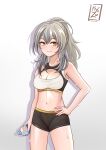  1girl absurdres alternate_hairstyle bare_arms bare_shoulders black_shorts bottle breasts cleavage cowboy_shot crop_top drop_shadow gradient_background grey_background grey_hair hand_on_own_hip highres holding holding_bottle honkai:_star_rail honkai_(series) kyozu_(kyozudraws) long_hair looking_at_viewer medium_breasts midriff navel ponytail short_shorts shorts sidelocks smile solo sports_bra standing stelle_(honkai:_star_rail) stomach sweat thighs trailblazer_(honkai:_star_rail) water_bottle white_background yellow_eyes 