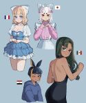  4girls :3 ;) animal_ears apron backless_dress backless_outfit black_dress black_hair blonde_hair blue_dress blue_eyes blue_hoodie blush bow breasts cleavage closed_mouth collarbone commentary_request dress egypt_(kuroussa) egyptian_flag fake_animal_ears france_(kuroussa) french_flag frilled_dress frills frown green_eyes green_hair hair_bow hat heterochromia highres hood hoodie jacket japan_(kuroussa) japanese_flag kuroussa long_hair long_sleeves maid_apron medium_breasts mexican_flag mexico_(kuroussa) multicolored_hair multiple_girls one_eye_closed original personification pink_bow pink_jacket puffy_short_sleeves puffy_sleeves rabbit_ears red_eyes short_hair short_sleeves smile streaked_hair white_bow white_hat zipper 