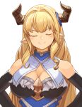  1girl black_gloves blonde_hair blue_dress blush breasts cleavage closed_eyes closed_mouth commentary_request curly_sidelocks detached_collar draph dress elbow_gloves eyelashes facing_viewer framed_breasts frilled_dress frills gloves granblue_fantasy hair_intakes hair_ornament horns ishii-ken large_breasts long_hair pointy_ears razia simple_background smile smug solo straight-on strapless strapless_dress upper_body white_background 