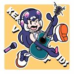  1girl african_penguin_(kemono_friends) black_hair elbow_gloves full_body gloves guitar headphones highres instrument kemono_friends kemono_friends_v_project long_hair looking_at_viewer microphone multicolored_hair one_eye_closed penguin_girl pink_hair r1chardroe shoes simple_background sleeveless solo thighhighs virtual_youtuber white_hair yellow_background 