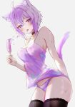  1girl alternate_costume animal_ear_fluff animal_ears bare_shoulders black_thighhighs camisole cat_ears cat_girl cat_tail collarbone covered_nipples cowboy_shot food holding holding_food holding_popsicle hololive looking_at_viewer nekomata_okayu panties popsicle purple_camisole purple_eyes purple_hair purple_panties purple_tail short_hair simple_background solo spaghetti_strap sweat tail thighhighs tongue tongue_out underwear virtual_youtuber warg_game white_background 