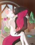  2024 absurd_res anthro duo erection eyebrows eyes_closed fur genitals hi_res kissing laboratory male male/male mammal nude on_lap penis pink_penis rodent seductive sitting_on_lap slim sonofan 
