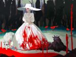  1girl blood blood_from_eyes blood_on_clothes blood_on_face closed_mouth creature dress flower full_body hat highres jiz_(pffbq) looking_to_the_side original outdoors puffy_sleeves red_eyes red_flower smile solo standing sun_hat surreal white_dress white_hat 