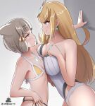  2girls :&lt; absurdres anger_vein animal_ears asymmetrical_docking bikini blonde_hair blush breast_envy breast_press breasts cat_ears chest_jewel core_crystal_(xenoblade) facial_mark flat_chest grey_hair highres kabedon large_breasts multiple_girls mythra_(xenoblade) nia_(xenoblade) one-piece_swimsuit small_breasts sparkle swimsuit unaligned_breasts xenoblade_chronicles_(series) xenoblade_chronicles_2 yellow_eyes zambonito 