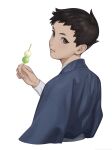  1boy ace_attorney aged_down black_hair blue_kimono brown_eyes character_request child closed_mouth cropped_torso dango eating food highres japanese_clothes kimono kune_akiro long_sleeves looking_back male_focus solo wagashi 