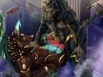  absurd_res anthro anubis_bayek booficent canid canine canis city destruction duo hi_res hogan_bayek jackal knot macro male male/male mammal micro mythological_canine mythological_creature mythology were werecanid werecanine werewolf 