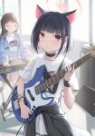  2girls absurdres airi_(band)_(blue_archive) airi_(blue_archive) animal_ears bass_guitar black_choker black_hair blue_archive blue_jacket blush cat_ears choker closed_eyes closed_mouth colored_inner_hair extra_ears fritz614 green_halo halo highres holding holding_instrument instrument jacket kazusa_(band)_(blue_archive) kazusa_(blue_archive) keyboard_(instrument) long_hair long_sleeves looking_at_viewer multicolored_hair multiple_girls official_alternate_costume open_clothes open_jacket pink_hair pink_halo pleated_skirt red_eyes shirt short_sleeves skirt smile white_shirt white_skirt 
