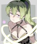  1girl bare_shoulders breasts character_name collarbone emoji green_hair high_ponytail highres looking_at_viewer pout purple_eyes pursed_lips solo sousou_no_frieren tennohi ubel_(sousou_no_frieren) upper_body 