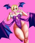  absurd_res blonde_hair blue_wings bottom_heavy breasts capcom clothing darkstalkers eyelashes female front_view gesture hair hand_gesture head_wings hi_res humanoid humanoid_pointy_ears leotard lilith_aensland looking_at_viewer membrane_(anatomy) membranous_wings navel_outline nyarlarsche pink_background pupils purple_clothing purple_leotard purple_wings red_eyes short_hair simple_background slit_pupils small_breasts solo succubus tan_body tan_skin thick_thighs v_sign wide_hips winged_humanoid wings 
