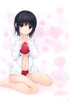  absurdres aoyama_sumika barefoot black_hair buruma coffee-kizoku collarbone eyebrows_visible_through_hair heart highres hood hood_down hoodie jacket kneeling looking_at_viewer navel open_clothes open_hoodie open_jacket original red_buruma short_hair solo valentine white_jacket 