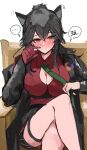  ... 1girl absurdres animal_ears arknights black_coat black_hair black_shorts blush breasts button_gap cleavage closed_mouth coat collared_shirt commentary_request crossed_legs embarrassed feet_out_of_frame gloves green_necktie hair_between_eyes hand_on_own_face hand_up highres large_breasts long_hair long_sleeves motion_lines necktie official_alternate_costume open_clothes open_coat orange_eyes paid_reward_available partial_commentary partially_unbuttoned red_gloves red_shirt shirt shorts sidelocks simple_background single_glove sitting sketch solo speech_bubble split_mouth spoken_ellipsis sunaneko sweatdrop texas_(arknights) texas_(willpower)_(arknights) translation_request white_background wolf_ears wolf_girl 