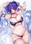  1girl acheron_(honkai:_star_rail) ahoge alternate_breast_size alternate_costume arm_strap arms_up artist_logo bikini black_bikini black_choker blush breasts choker cleavage commentary criss-cross_halter english_commentary eyes_visible_through_hair hair_intakes hair_over_one_eye hair_spread_out halterneck highres honkai:_star_rail honkai_(series) huge_breasts knees_out_of_frame long_hair looking_at_viewer mixed-language_commentary multicolored_hair nail_polish navel obiwan partially_submerged purple_eyes purple_hair purple_nails signature skindentation solo stomach streaked_hair swimsuit thigh_strap very_long_hair weisuoxin wet 