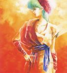  1980s_(style) 1girl armband belt dress green_hair hand_on_own_hip highres looking_to_the_side megazone_23 mikimoto_haruhiko official_art painting_(medium) production_art red_lips retro_artstyle scan tokimatsuri_eve traditional_media watercolor_(medium) 