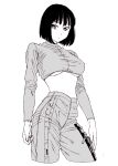  1girl bad_id bad_pixiv_id black_hair breasts closed_mouth crop_top dende_(dndn222) greyscale high-waist_pants highres large_breasts light_smile long_sleeves looking_at_viewer monochrome original pants scan scan_artifacts shirt short_hair solo standing stomach traditional_media underboob 