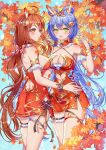  2girls absurdres animal_ears bare_shoulders blue_hair blush bow breasts bridal_garter brown_hair china_dress chinese_clothes cleavage clothing_cutout dress eastern_dragon_horns flower green_eyes hair_ornament hair_rings hand_up heart highres large_breasts long_hair looking_at_viewer low-tied_long_hair low_twintails lower_body luo_tianyi multiple_girls orange_eyes petals red_dress red_eyes smile thigh_strap thighhighs thighs twintails very_long_hair vocaloid vsinger wuyinlou yuezheng_ling 