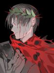  1boy black_background blood cape crown_of_thorns e.g.o_(project_moon) facing_to_the_side grey_armor grey_hair highres laurel_crown leviathan_(project_moon) limbus_company parted_lips project_moon red_cape red_eyes simple_background solo spoilers upper_body vergilius_(project_moon) yongsadragon 