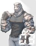  1boy absurdres animal_ears arknights bara black_tank_top clenched_hand cowboy_shot dated forearms furry furry_male highres large_hands large_pectorals looking_at_viewer male_focus mountain_(arknights) muscular muscular_male pants pectorals scar scar_across_eye short_hair solo tank_top thick_eyebrows tiger_boy tiger_ears v-taper white_hair yizhiyazi_(yz_z_) 