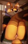  anthro biped bottomless brown_eyes canid canine clothed clothing female fox fur genitals mammal orange_body orange_fur pussy smile sniffsnorf solo 
