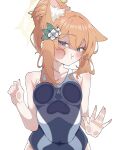  1girl against_fourth_wall animal_ear_fluff animal_ears black_one-piece_swimsuit blue_archive blue_eyes blush breasts cat_ears closed_mouth extra_ears fingernails flower hair_flower hair_ornament halo highres long_hair looking_at_viewer mari_(blue_archive) one-piece_swimsuit orange_hair school_swimsuit shaded_face simple_background small_breasts solo swimsuit trinity_general_school_swimsuit warabi_mochi_(w4rabimochi) white_background white_flower yellow_halo 