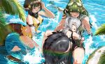  3girls absurdres arknights bare_shoulders barefoot blue_eyes breasts brown_hair crocodilian_tail eunectes_(arknights) flower gavial_(arknights) gavial_the_invincible_(arknights) green_hair grey_hair hair_flower hair_ornament highres looking_at_another multiple_girls outdoors pointy_ears rzero15 scales smile snake_tail swimsuit tail thick_tail tomimi_(arknights) water yellow_eyes 