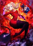  1girl 1other :d ass blonde_hair blue_eyes bodysuit boots breasts cat_mask cat_tail cleavage cleavage_cutout clothing_cutout explosion fire full_body glass_shards gloves holding holding_slingshot holding_whip long_hair looking_at_viewer mask medium_breasts morgana_(persona_5) open_mouth parted_lips persona persona_5 red_bodysuit relayrl scarf slingshot_(weapon) smile tail takamaki_anne thigh_boots twintails unworn_mask yellow_scarf 